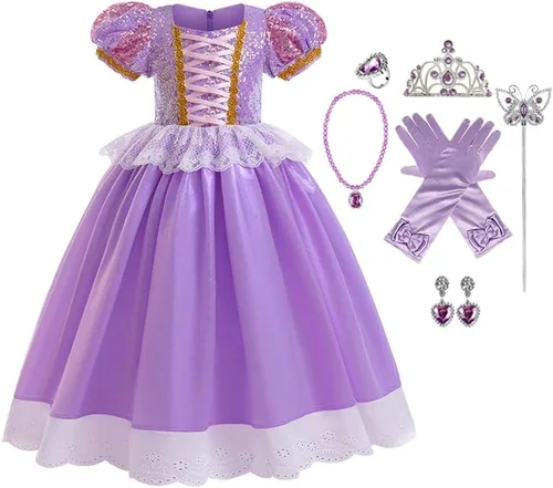 Vista 28 de Disfraz de princesa Sofía Rapunzel para niñas, disfraz de Halloween, Navidad, cumpleaños, fiesta con accesorios