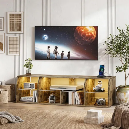 Vista 9 de VECELO Soporte de TV LED para 55 pulgadas, centro de entretenimiento con tomas de corriente, gabinete de televisión industrial para sala de estar