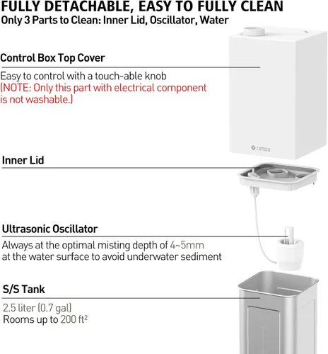 Vista 3 de Humidificador de acero inoxidable, humidificadores de niebla fría con solo 3 piezas, fácil de limpiar, humidificador de llenado superior