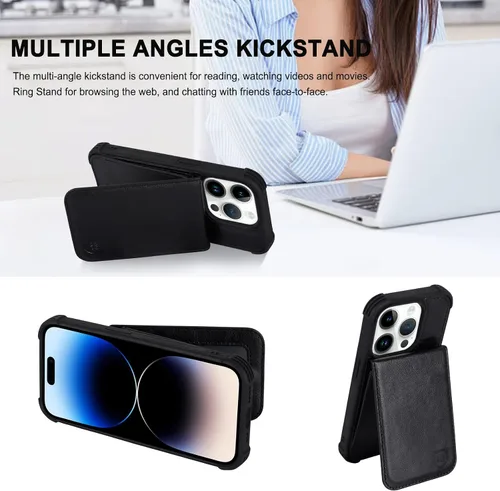Vista 5 de VANAVAGY Funda tipo cartera compatible con iPhone 14 Pro Max para mujeres y hombres, de piel sintética, cierre magnético, con bloqueo RFID Negro