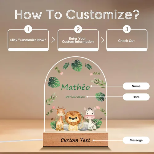 Vista 4 de Regalos personalizados para bebés para niños, animales de la selva de safari placa acrílica personalizada con nombre de luz nocturna, baby shower