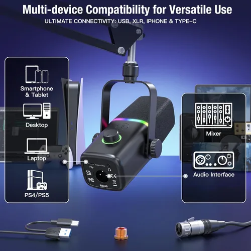 Vista 2 de ZealSound Micrófono Dinámico XLR/USB para Juegos y Podcast, Micrófono para iPhone, PC, Computadora, Juegos y Transmisión con Luz RGB, Botón