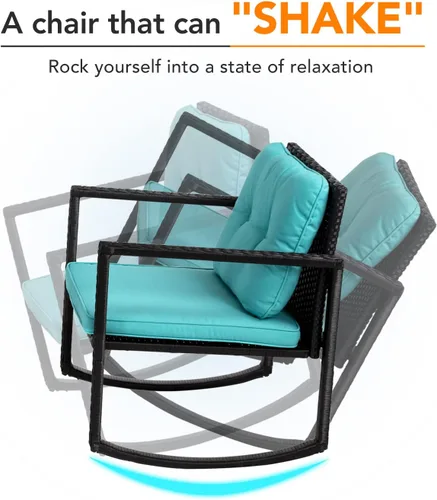 Vista 4 de Juego de 3 piezas de bistró mecedora para exteriores, muebles de ratán para patio, sillas mecedoras de mimbre con cojines azules y mesa de centro