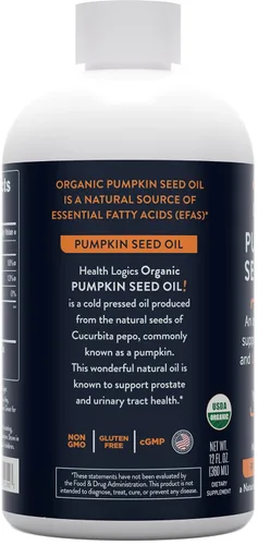 Vista 2 de Health Logics Aceite de semilla de calabaza de 12 onzas orgánico prensado en frío Vegetariano, sin OMG, sin gluten Seguro para cocinar Apoya