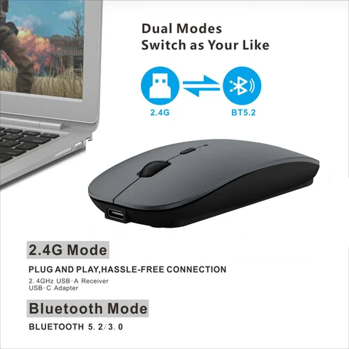Vista 2 de HOTDREAM Ratón Bluetooth Inalámbrico Recargable para MacBook Pro/Air/iPad Air/iPad Pro/Laptop/Tablet/iPhone/PC, Ratón Bluetooth 5.2/3.0 y Modo Dual