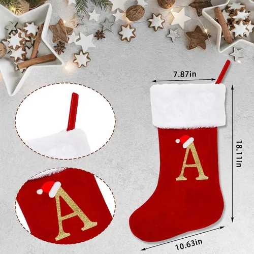 Vista 2 de ALIBBON Medias de Navidad con monograma de 20 pulgadas con iniciales, medias grandes de terciopelo rojo con puño de felpa blanca súper suave, medias