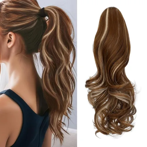Vista 35 de Felendy Extensión de cola de caballo de 18 pulgadas, mezcla de rubio ceniza, marrón oscuro, rizado, ondulado, con clip, extensiones de cabello largo