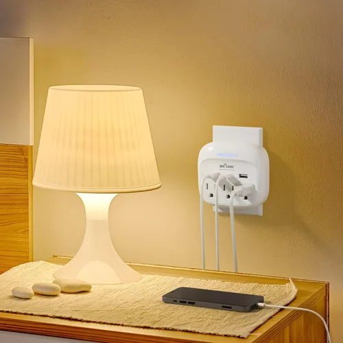 Vista 6 de BN-LINK Paquete de 2 extensores de salida de enchufe múltiple, 3 salidas de pared con 3 puertos USB (1 USB C), adaptador de carga para dormitorio