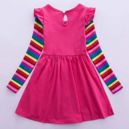 Vista 3 de JUXINSU Vestidos de algodón de manga larga con diseño de arco iris y flores para niñas de 3 a 8 años, Arcoiris (Rainbow)