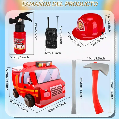 Vista 2 de Disfraz inflable de camión de bomberos de 6 piezas, incluye 1 casco de bombero, 4 accesorios de extinción de incendios para niños y niñas