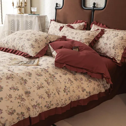 Vista 8 de OTOB Funda de edredón tamaño Queen de 3 piezas, 100% algodón con volantes, estética, floral, con 2 fundas de almohada, reversible, estilo shabby