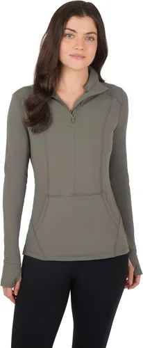 Vista 13 de Yogalicious Chaqueta atlética ligera de media cremallera de manga larga con bolsillos delanteros y orificios para los pulgares