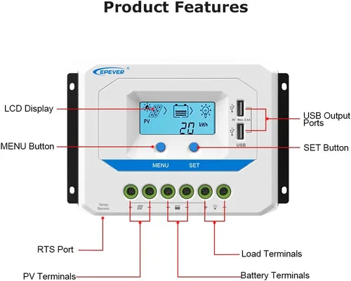 Vista 2 de EPEVER Controlador de carga solar de 10 A, regulador de carga de panel solar PWM de trabajo automático de 12 V/24 V, con pantalla LCD y potente