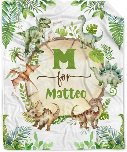 Vista 49 de Manta de regalo personalizada de dinosaurio con nombre para niñas, niños, recién nacidos, dinosaurio, manta personalizada para envolver al bebé