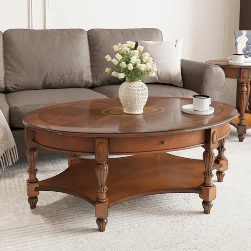 Vista 12 de Mesa de centro con cajón, mesa central ovalada de madera maciza con estante de almacenamiento, mesa de sala de estar tradicional con elegante