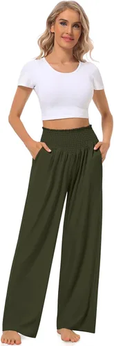 Vista 4 de TARSE Pantalones de yoga de pierna ancha para mujer, con volantes fruncidos, cintura alta, cómodos, pantalones de pijama, casuales, holgados