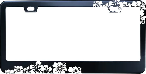 Vista 3 de Marco de matrícula de acero inoxidable negro con hibisco aloha y piña de Hawái para hombres/mujeres con 2 tapas de tornillo para vehículos de EE.