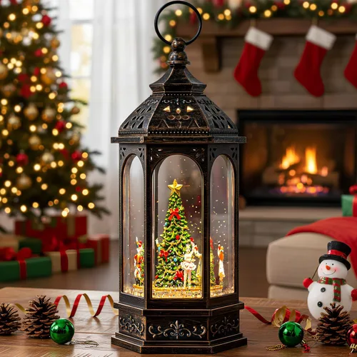Vista 12 de Gnomos de Navidad de 10 pulgadas, linterna de globo de nieve iluminada, caprichoso árbol de Navidad y elfo escandinavo, linterna de agua musical