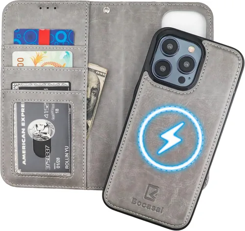 Vista 19 de Funda tipo cartera desmontable Bocasal para iPhone 15 Pro Max con bloqueo RFID, ranuras para tarjetas, soporte magnético, cuero PU premium, atril