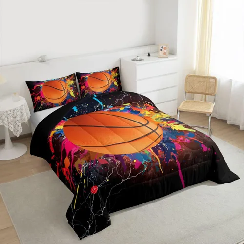 Vista 3 de Juego de ropa de cama de baloncesto para niños y adolescentes, juego de edredón deportivo para niños, tamaño matrimonial, suave, ligero, decoración