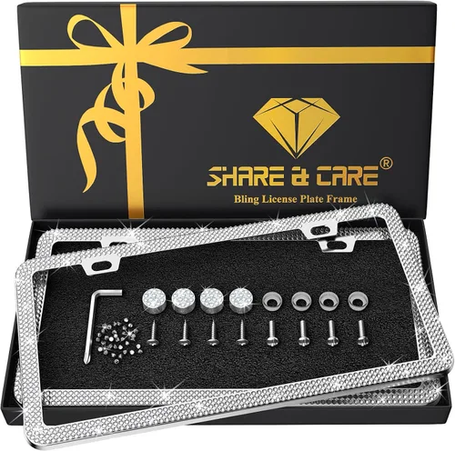 Vista 16 de SHARE&CARE Marco de matrícula brillante, cubierta de matrícula de cristal, soporte para placa de automóvil con diamantes de imitación de cristal AB