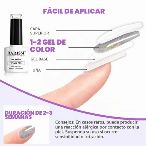 Vista 6 de RARJSM Esmalte de uñas de gel con purpurina holográfica plateada, efecto arcoíris galáctico, universal, sin imán, para secado con lámpara UV o LED