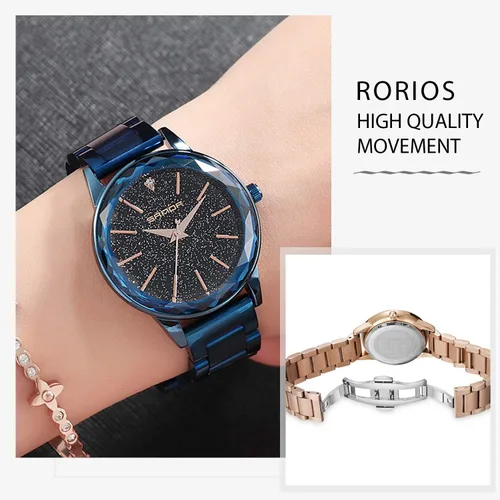 Vista 4 de RORIOS Relojes de cuarzo analógicos de moda con banda de acero inoxidable con esfera de cielo estrellado para niñamujer impermeable, Azul, Relojes