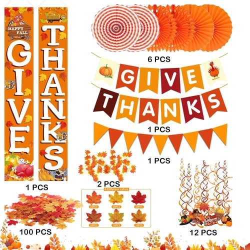 Vista 2 de Famoby Cartel colgante de agradecimiento para porche, letrero de otoño con diseño de calabaza y hojas de arce, pancartas de papel con abanico
