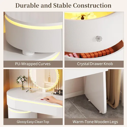 Vista 7 de KDCAS Escritorio redondo de maquillaje con espejo y luces, escritorio moderno de piel sintética con gabinete lateral reversible, mesa de tocador