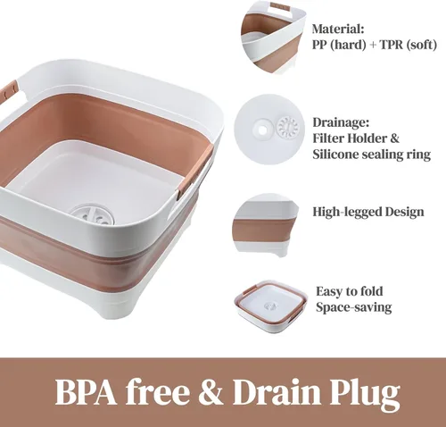 Vista 4 de Lavabo de biberón plegable de 2,6 galones con tapón de drenaje Marrón