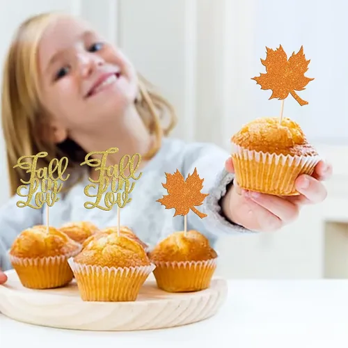 Vista 4 de Rsstarxi Paquete de 24 adornos para cupcakes con purpurina de otoño de hojas de arce de otoño, palillos para cupcakes, decoración de pasteles