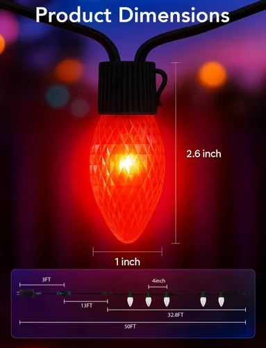 Vista 6 de Popotan C-9 Luces LED de Navidad para Exteriores, 33 Pies 50 LEDs Luces de Cadena RGB Inteligentes con Control Remoto de Aplicación, 108 Modos