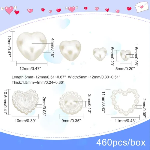 Vista 6 de PH PandaHall Perlas semicirculares, 460 unidades, 7 estilos en forma de corazón, cuentas planas de plástico ABS, diamantes de imitación, cuentas