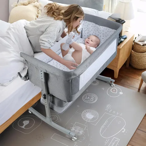 Vista 2 de Cuna de bebé 3 en 1, cuna de cabecera ajustable en altura con cesta de Gris