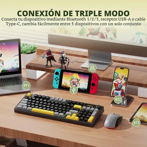 Vista 2 de Combo de teclado y mouse inalámbricos cremoso con teclado numérico para computadora de escritorio, Mac, iPad, Bluetooth/2.4 ghz/recargable