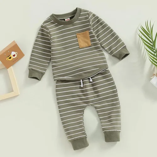 Vista 128 de Ropa de bebé niño 3 6 9 12 18 24M 3T Conjunto de pantalones con capucha patchwork sudadera con capucha pantalones de rayas traje de otoño invierno