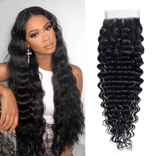 Vista 6 de Cierre de encaje de cabello humano lacio 4x4, parte libre HD, encaje suizo 100% sin procesar, cabello virgen brasileño 150% de densidad, color negro