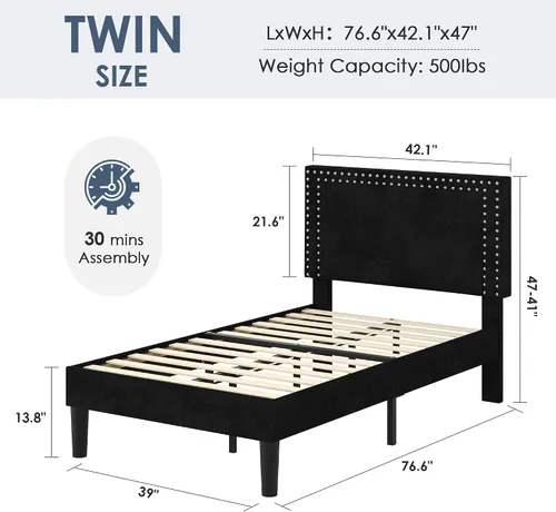 Vista 68 de VECELO Base de cama de plataforma de tamaño individual con cabecera tapizada de altura ajustable, base de colchón moderna, soporte de listones