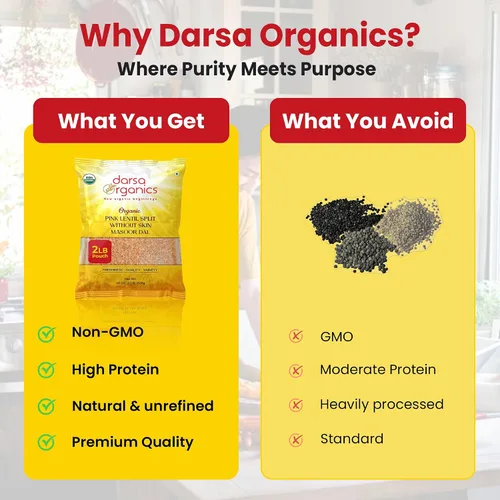 Vista 6 de Darsa Organics Lentejas rojas divididas (Masoor Dal) 2 libras USDA Orgánico, sin OMG, veganas, kosher Ricas en proteínas y fibra Ideal