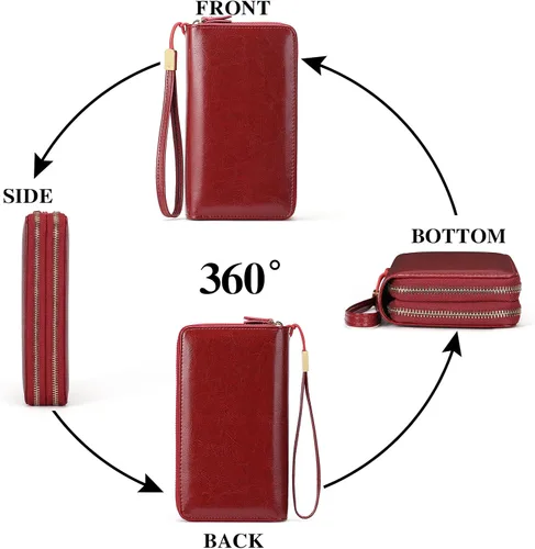 Vista 4 de SENDEFN Carteras de cuero para mujer, bloqueo RFID, doble cremallera alrededor del tarjetero de crédito, gran capacidad, 1-cera-vino tinto, Moderno