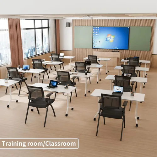 Vista 7 de Mesa de sala de conferencias, mesa de conferencias plegable móvil con ruedas, modernas mesas de entrenamiento apilables con parte superior abatible
