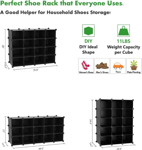Vista 5 de C&AHOME Zapatero de plástico, soporte modular de almacenamiento de zapatos de 16 cubos, gabinete de armario multifuncional, unidades organizadoras