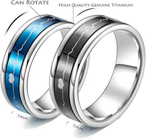 Vista 6 de Romántico juego pareja anillos titanio acero boda bandas negro azul cómodo ajuste giratorio ECG Heartbeat su y su promesa regalos especiales