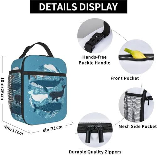 Vista 6 de Bolsa de almuerzo con diseño de animales marinos y ballena oceánica, lonchera reutilizable, impermeable, portátil, para hombres y niños