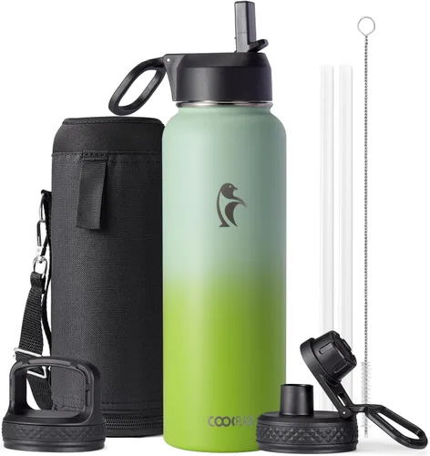 Vista 100 de Coolflask Botella de agua de 20 onzas aislada con pajilla, 3 tapas de metal de acero inoxidable, botella de agua de boca ancha para deportes u
