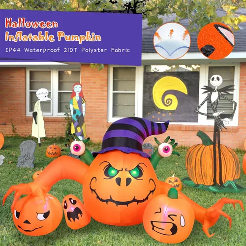 Vista 2 de Decoraciones inflables de Halloween de 8 pies de largo, decoraciones de calabaza con luces LED integradas, linterna inflable para interiores