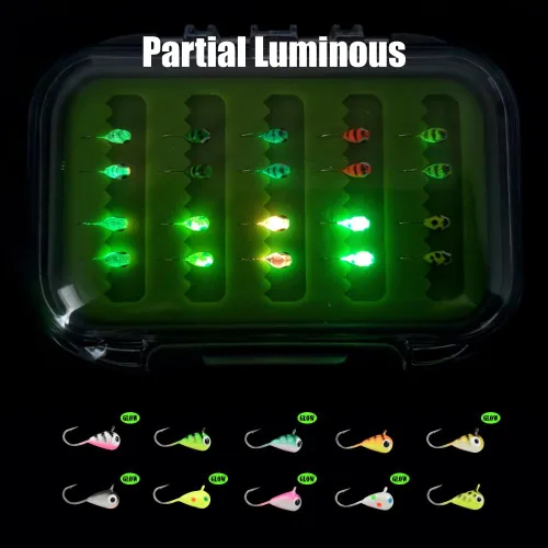 Vista 3 de Kit de Jigs de Pesca en Hielo de Tungsteno, 3.2/4/5mm Gota Lágrima que Brillan en la Oscuridad Señuelos Jigs de Pesca en Hielo con Caja de Jigs