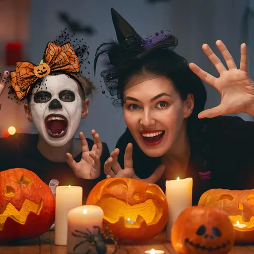 Vista 6 de Diadema de Acción de Gracias, diademas de calabaza, bandas para la cabeza de otoño, diseño de lazo amarillo, fiesta de Navidad, cumpleaños, cosplay