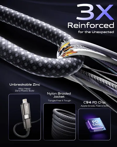 Vista 7 de Cable USB C de carga rápida de 60 W para iPhone de 3 pies, [certificado Apple MFi] USB a USBC a Lightning, cable de carga 4 en 1 con tipo C/USB A