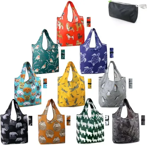 Vista 27 de BeeGreen Bolsas de comestibles reutilizables de Navidad con bolsa de almacenamiento con cremallera, paquete de 10 bolsas de compras reutilizables a